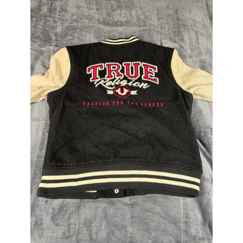 True Religion Kids Varsity Jacket Black‎ Cream Wool Blend Bomber Logo Large L/G